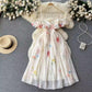 French tube top suspender dress for women floral puff sleeves mesh skirt      S4529