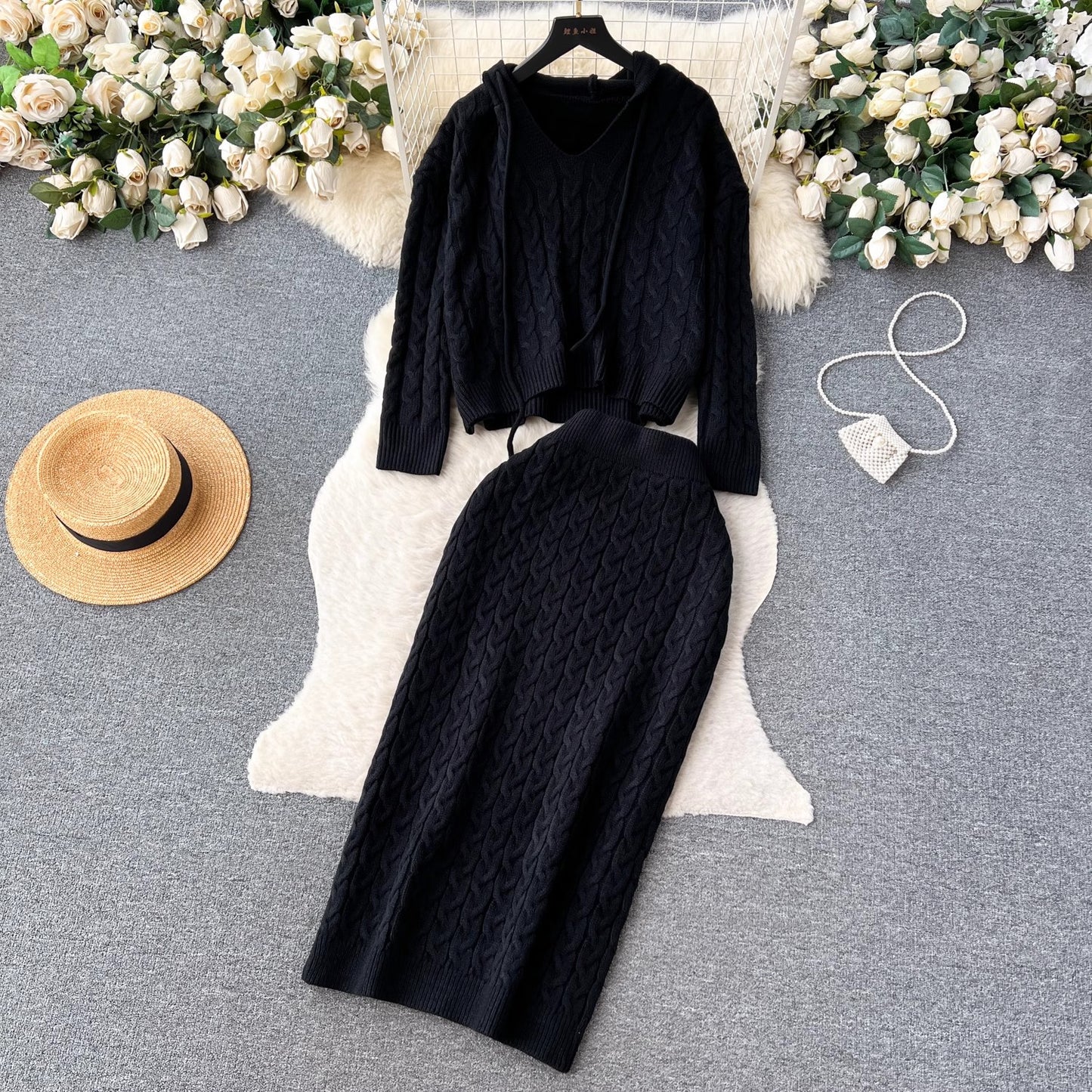 sweater suit for women casual top, mid-length skirt, knitted two-piece skirt     S4629