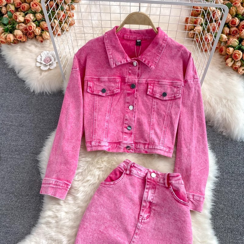 Pink denim jacket short women's jacket top two-piece suit mid-length skirt        S4220