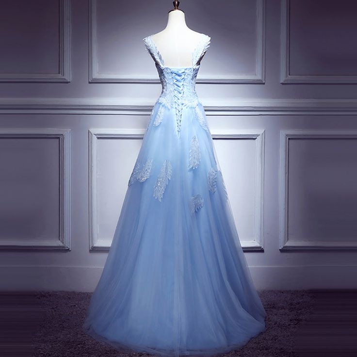 Lovely Light Blue Lace Applique Tulle Prom Dress, Blue Junior Party Dress Formal Dress     S3346