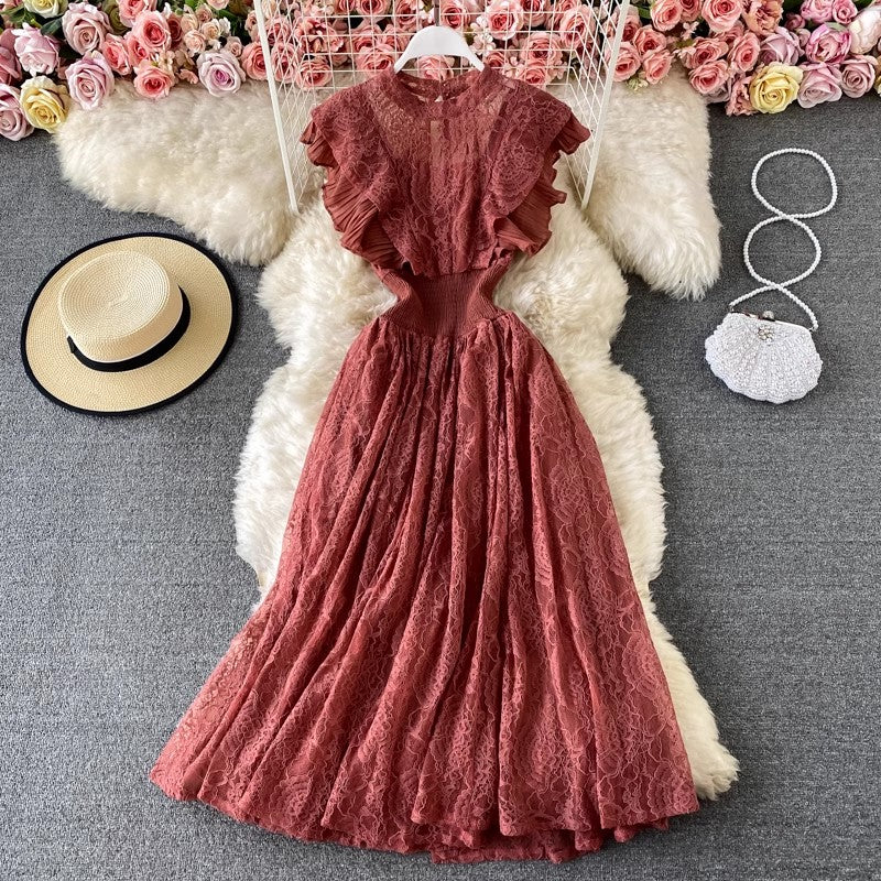 Lace Round Neck Dress, Long Sleeve Fashionable Elegant Ruffled Long Skirt      S3984