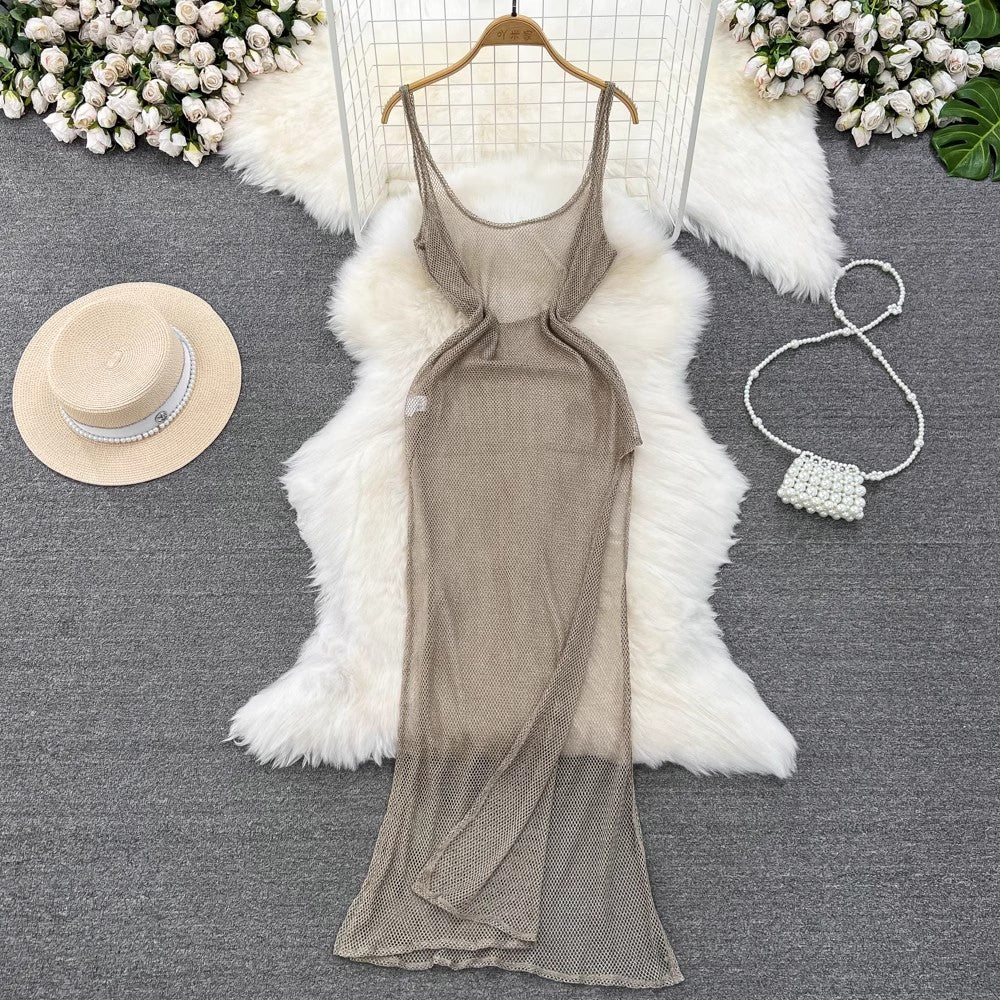 fashionable mid-length slit mesh suspender dress     S4213