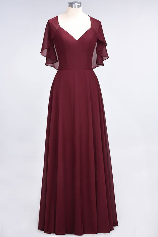 Elegant Princess Chiffon Satin V-Neck short-sleeves Floor-Length Bridesmaid Dress     S2904