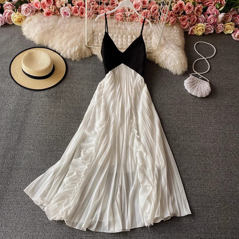 beach dress new style backless holiday pleated dress long skirt    S3976