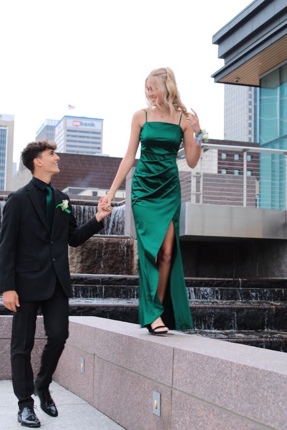 Green Satin Long Prom Dresses     S3261