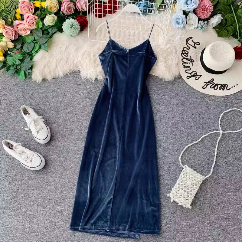 chic sexy velvet dress women's mid-length V-neck suspender skirt     S4340