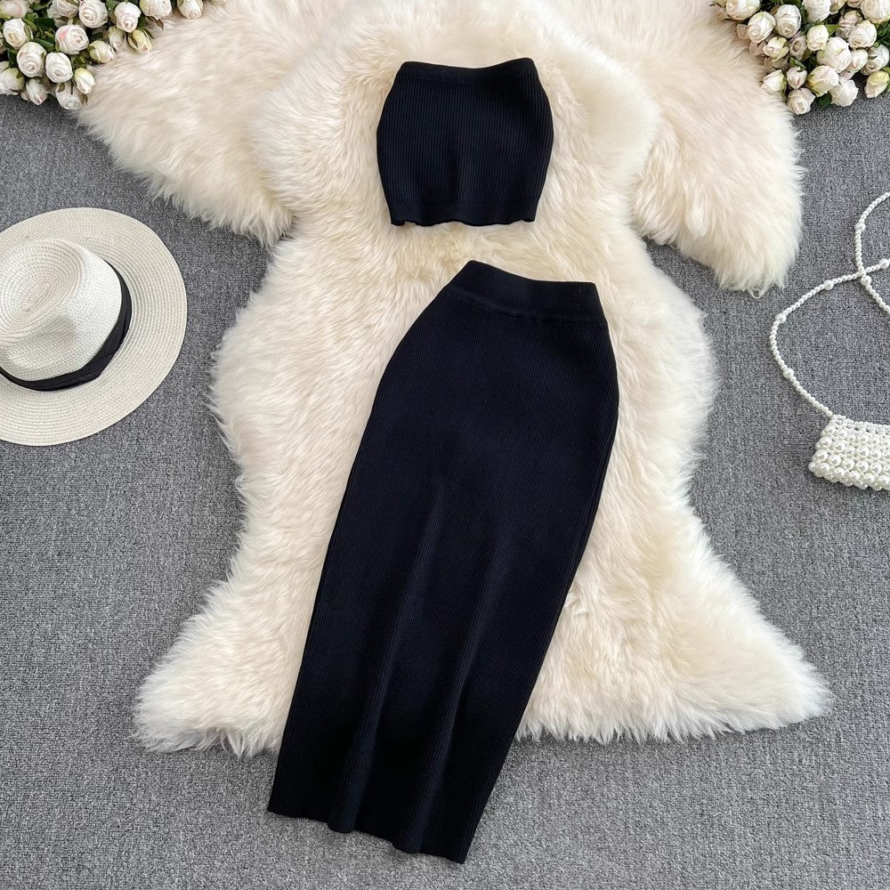 Fashionable casual suit for hot girls sexy short tube top two-piece set knitted skirt      S4182