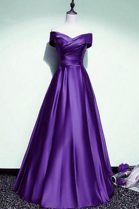 Off Shoulder A-line Purple Satin Long Party Dresses        S3538