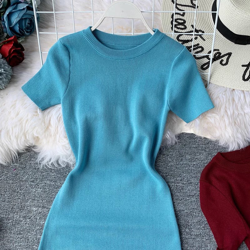 Short-sleeved solid color round neck elastic knitted tight skirt dress mid-length     S3947