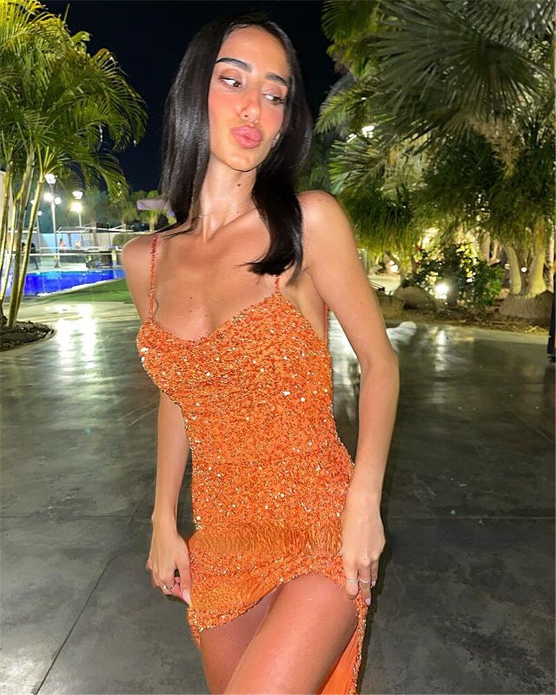 Sexy Orange Glitter Prom Dresses Short Front Long Back Sweetheart Spaghetti Straps Formal Party Cocktail Dress    S2660