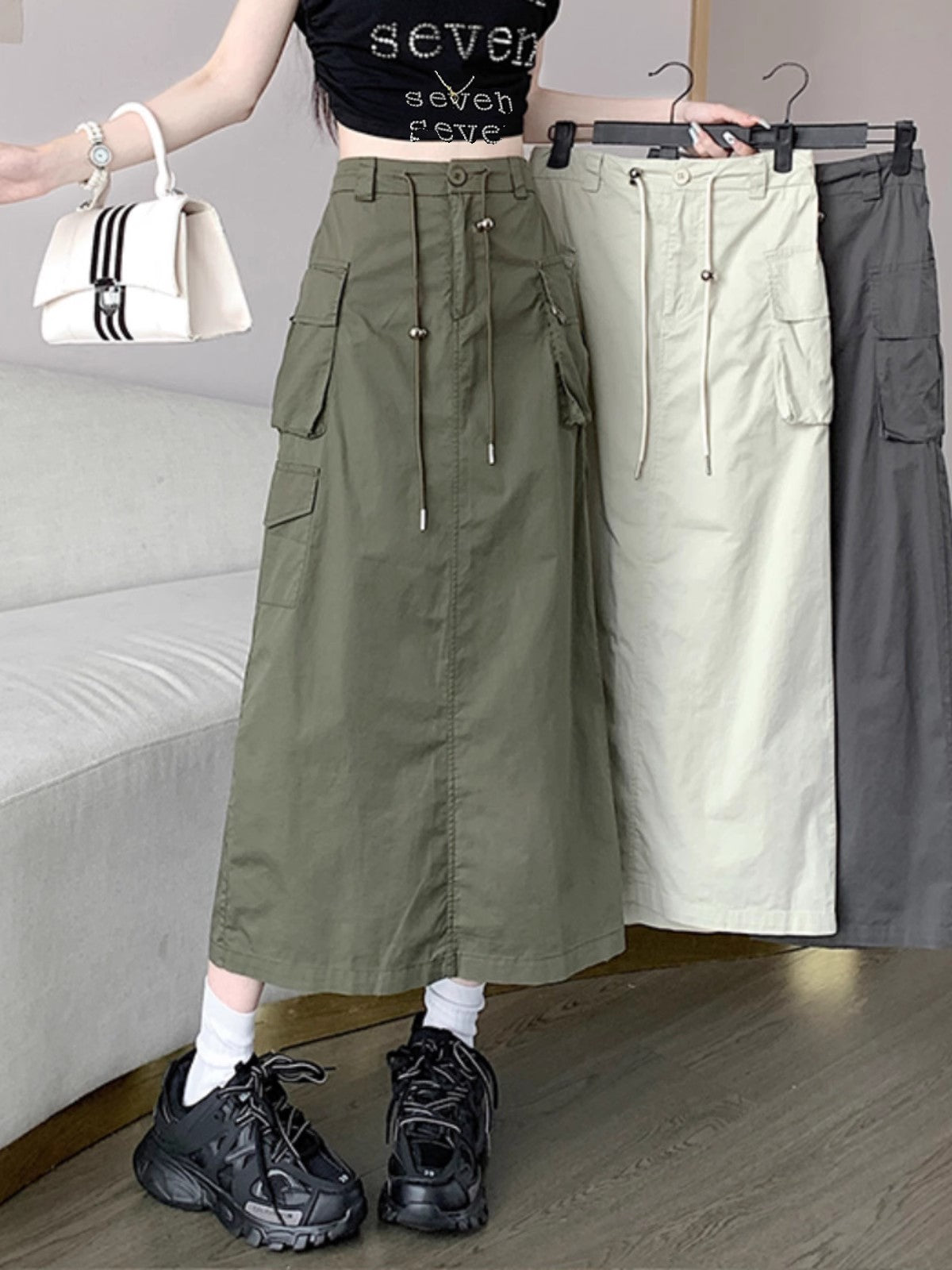 workwear skirt for women summer new mid-length high-waist drawstring a-line long skirt    S3416