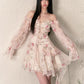 rose floral ribbon irregular hem long-sleeved dress    S3430