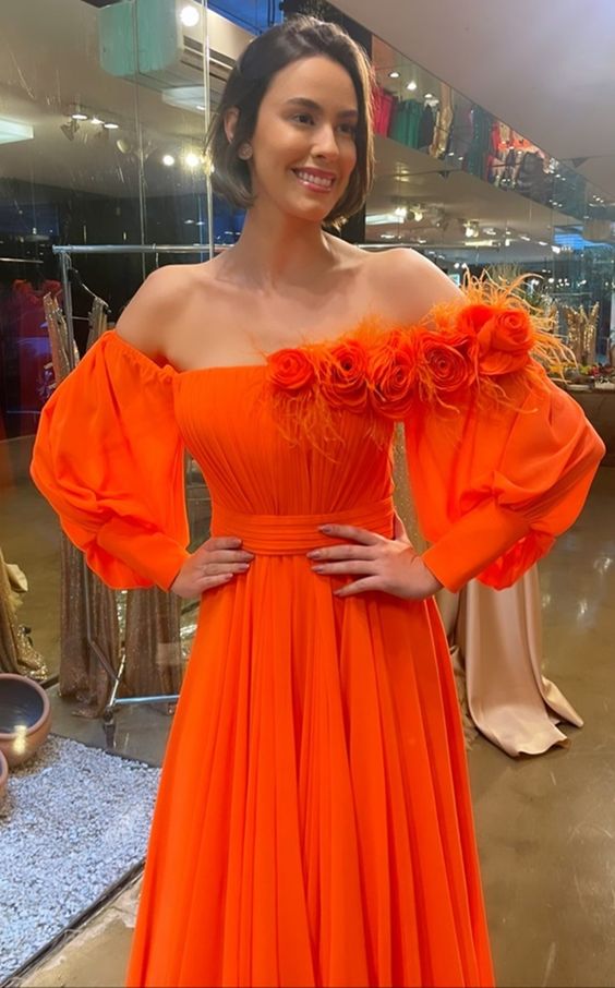 Orange A-Line Off The Shoulder Floor Length Long Prom Dress        S3732