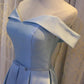 Light Blue Off Shoulder Satin Bridesmaid Dress, Blue Short Formal Dress       S3233
