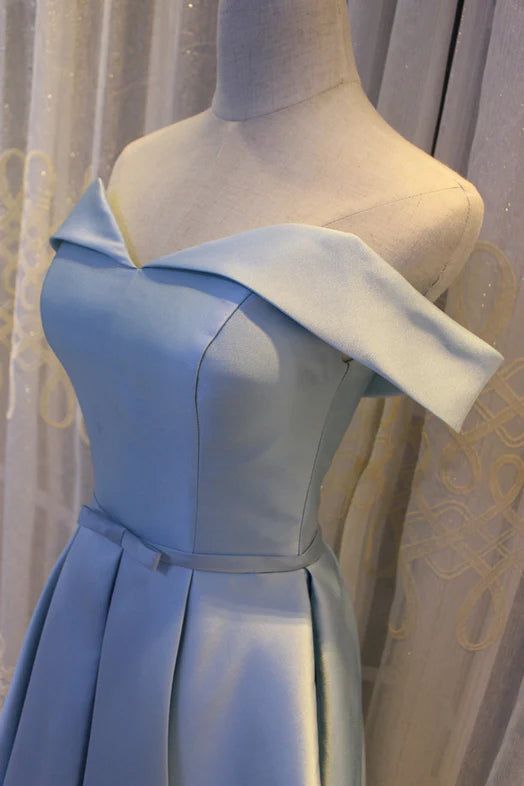 Light Blue Off Shoulder Satin Bridesmaid Dress, Blue Short Formal Dress       S3233