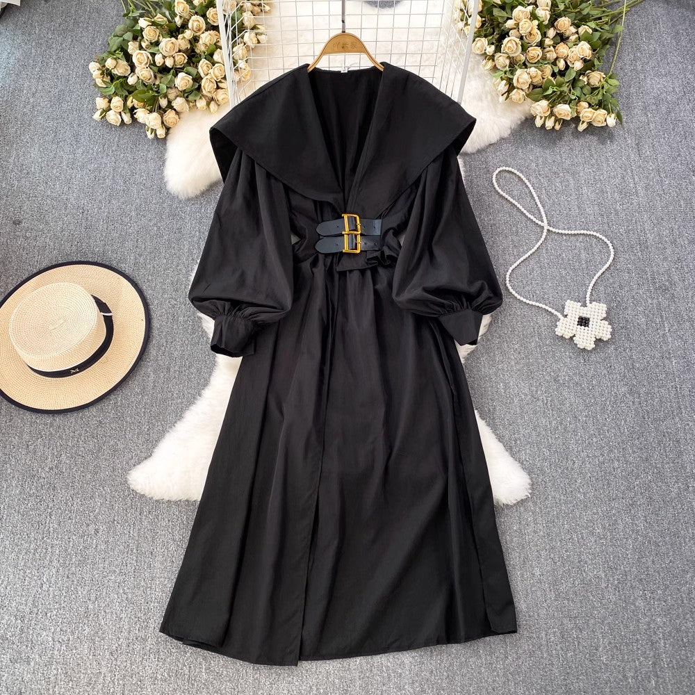 lantern sleeve mid-length dress V-neck irregular slit dress      S3993