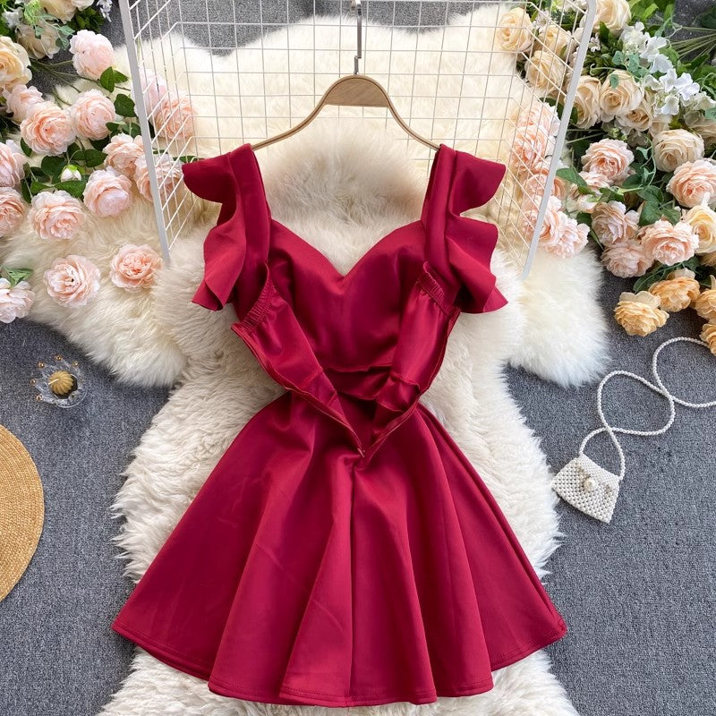 new red dress v-neck sweet short skirt fashion      S4666