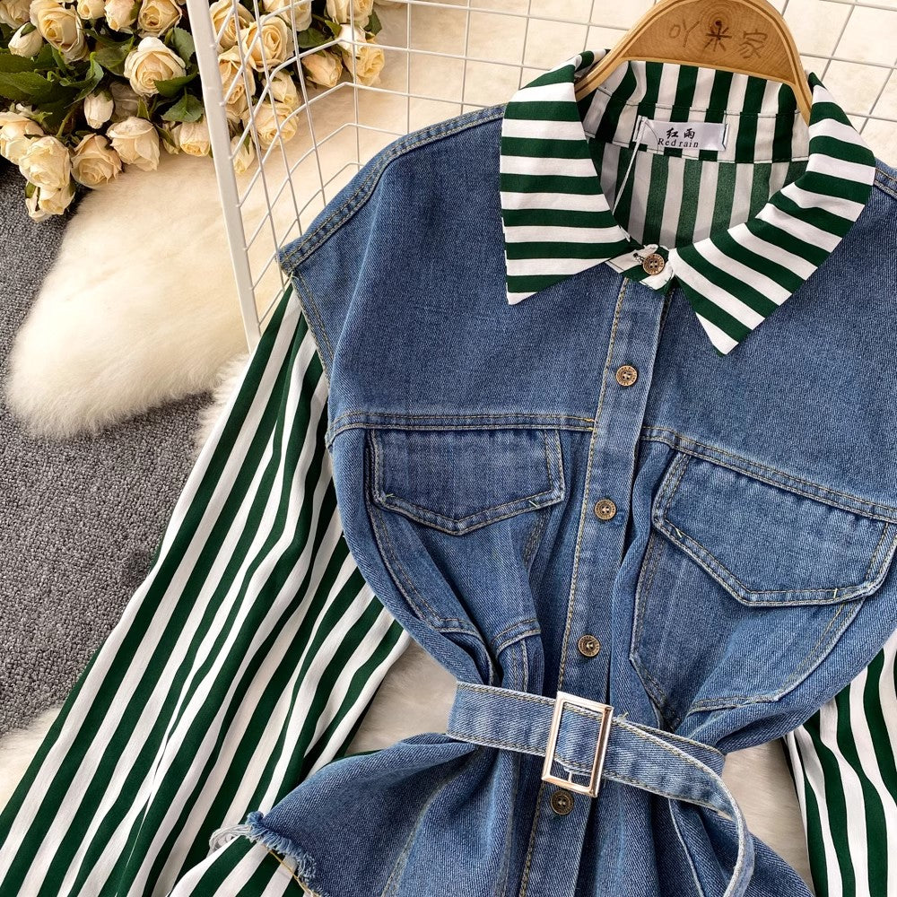 Denim Vest Spliced Striped Shirt Women's Casual Irregular Top    S4051