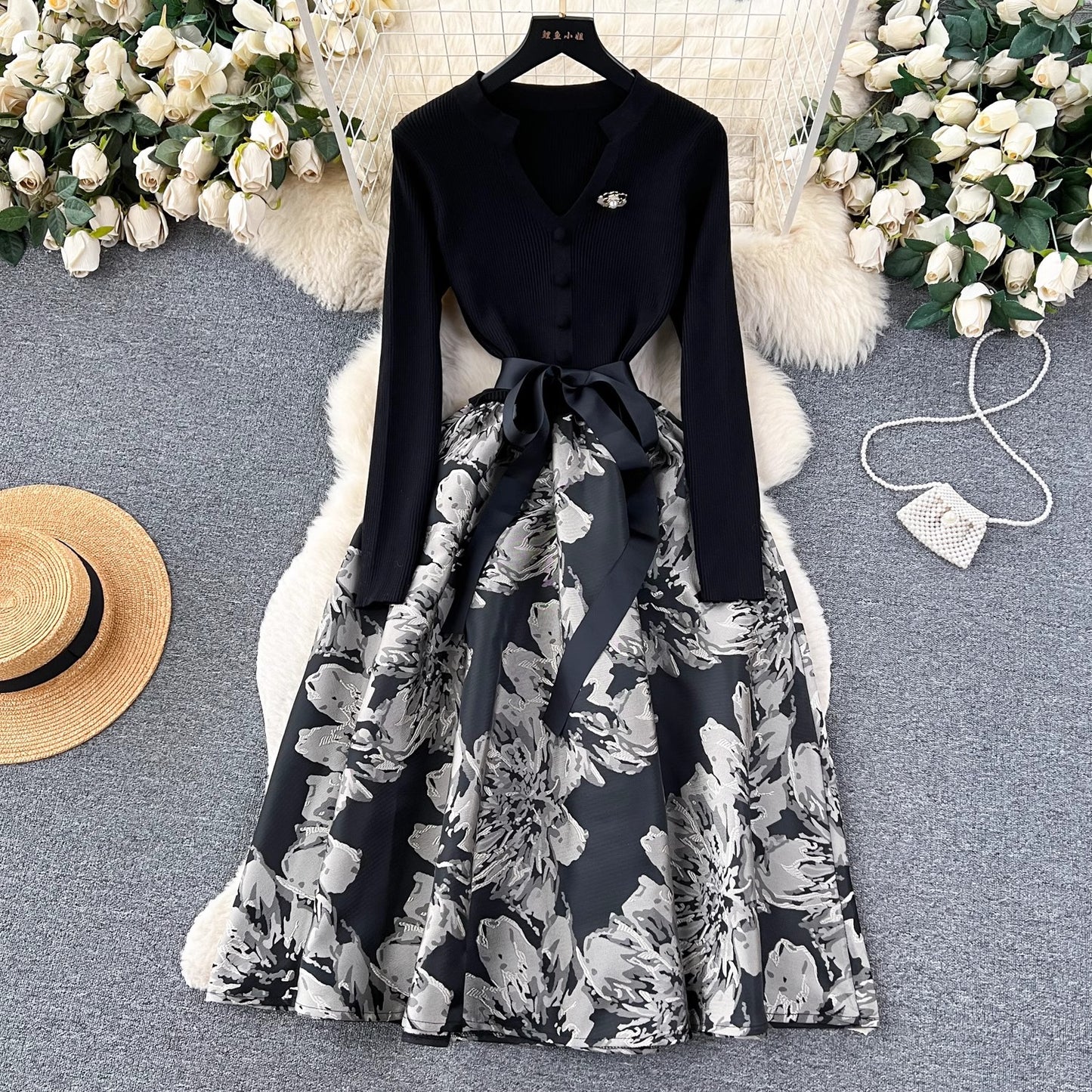 French style luxury dress for women knitted splicing jacquard fluffy dress  S4510