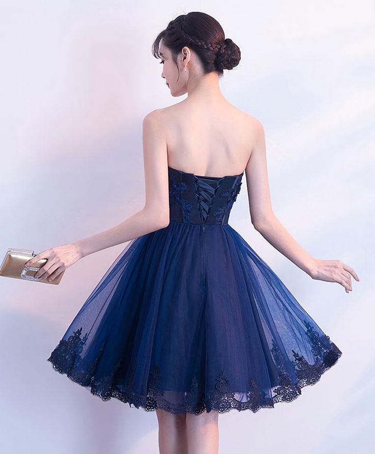 Cute Dark Blue Tulle Lace Short Prom Dress, Homecoming Dress     S2951