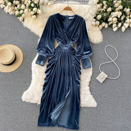 Blue V-neck Velvet Dress, Long Sleeve Fashion Dress    S4411