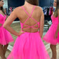 Short V Neck Hot Pink Prom Dresses, Short V Neck Hot Pink Formal Homecoming Dresses      S3300