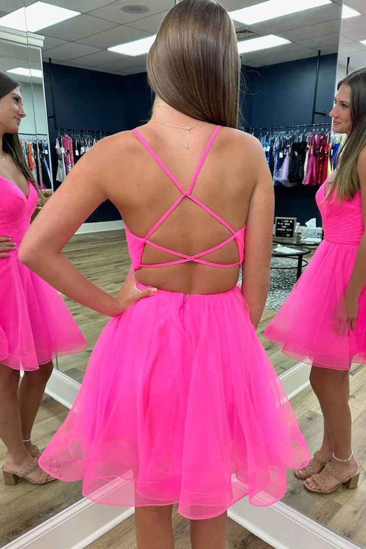 Short V Neck Hot Pink Prom Dresses, Short V Neck Hot Pink Formal Homecoming Dresses      S3300