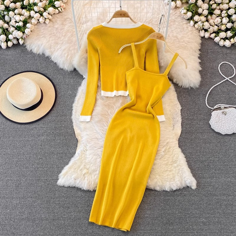 Fashionable v-neck long-sleeved knitted top cardigan two-piece suit mid-length dress     S4238