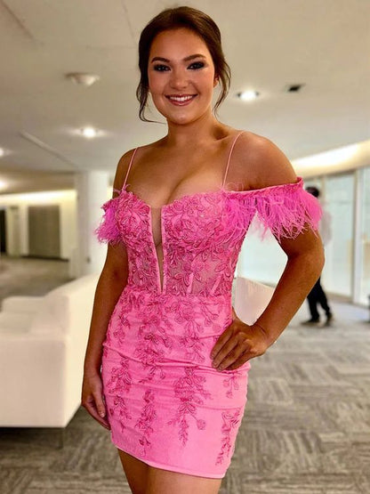 Off the Shoulder Short Pink Lace Prom Dresses, Short Pink Lace Formal Homecoming Dresses       S3302