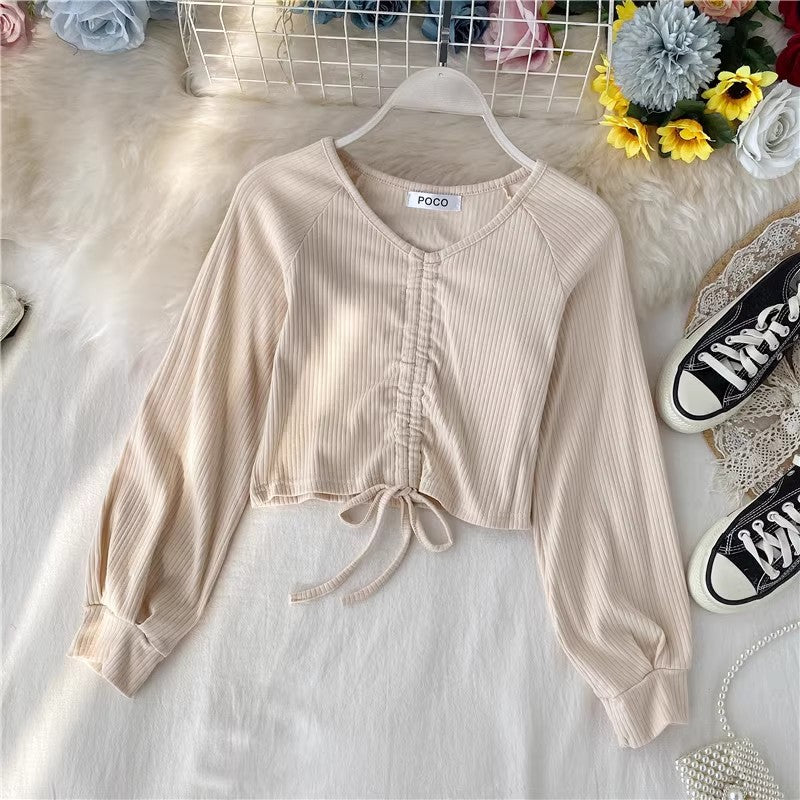 sexy short crop top design V-neck style long-sleeved T-shirt      S4129