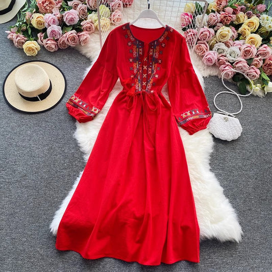 holiday dress women's bohemian beach dress embroidered lantern sleeve style long skirt    S3983