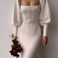 Vintage style lantern sleeve bridesmaid evening midi dress, cocktail long sleeve pencil dress, strapless white dress      S3805