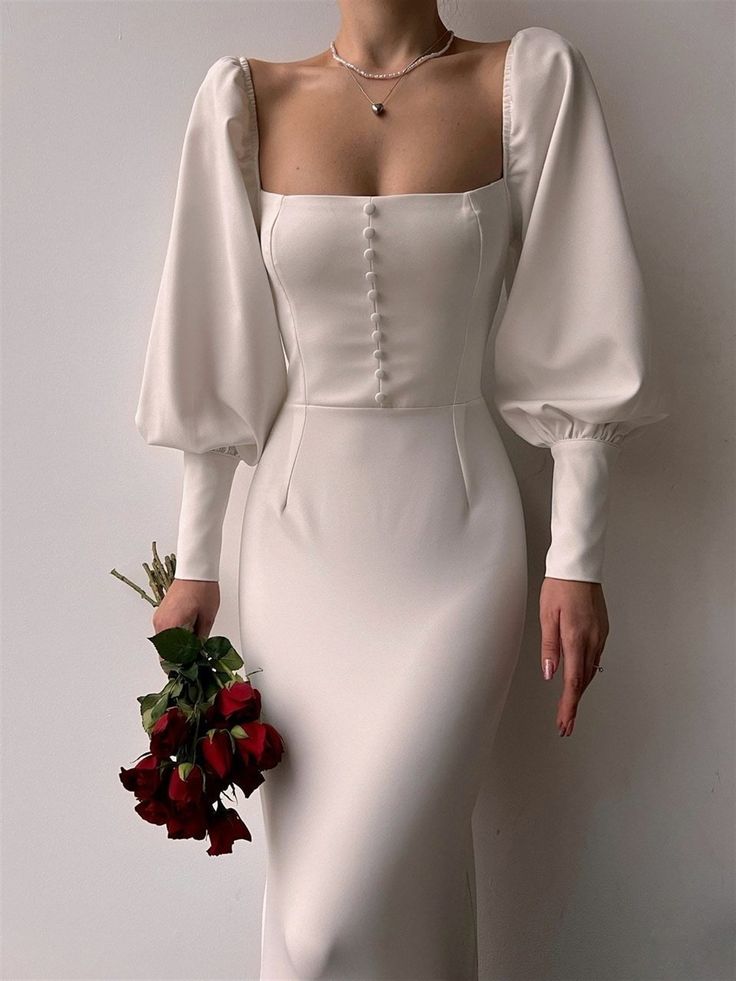 Vintage style lantern sleeve bridesmaid evening midi dress, cocktail long sleeve pencil dress, strapless white dress      S3805