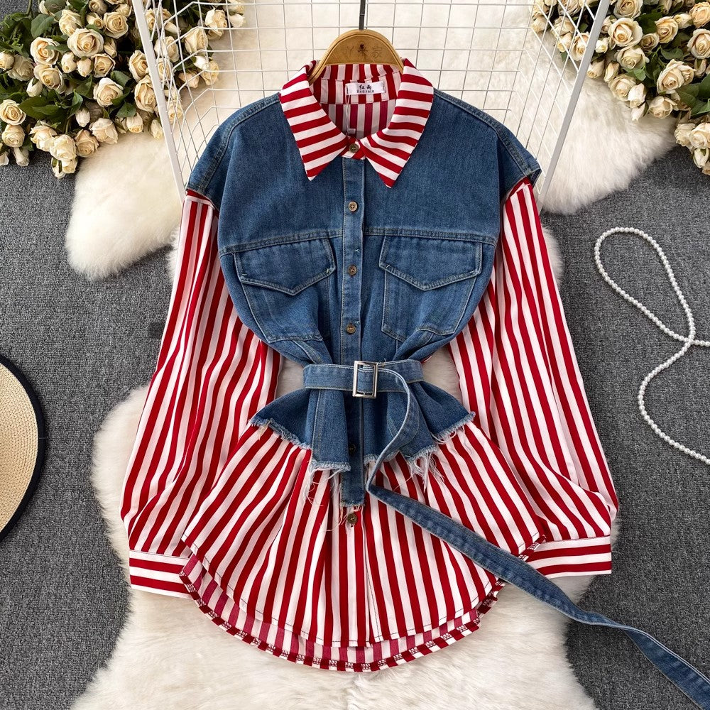 Denim Vest Spliced Striped Shirt Women's Casual Irregular Top    S4051