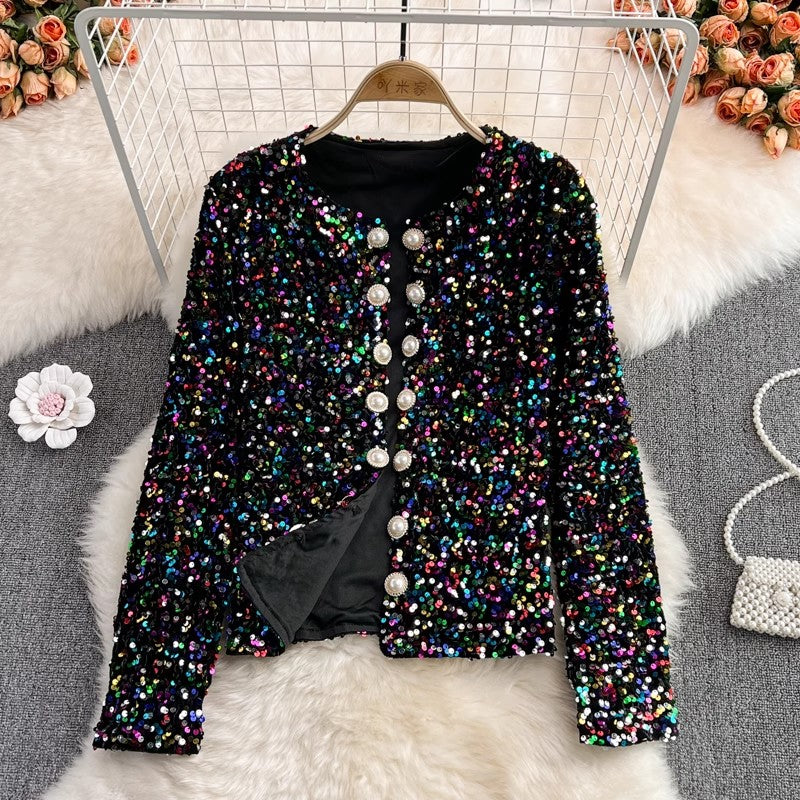 shiny sequins colorful long-sleeved cardigan suit short jacket women's clothing    S4205