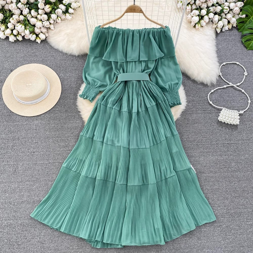 off-shoulder ruffled A-line pleated dress elegant long skirt    S4426