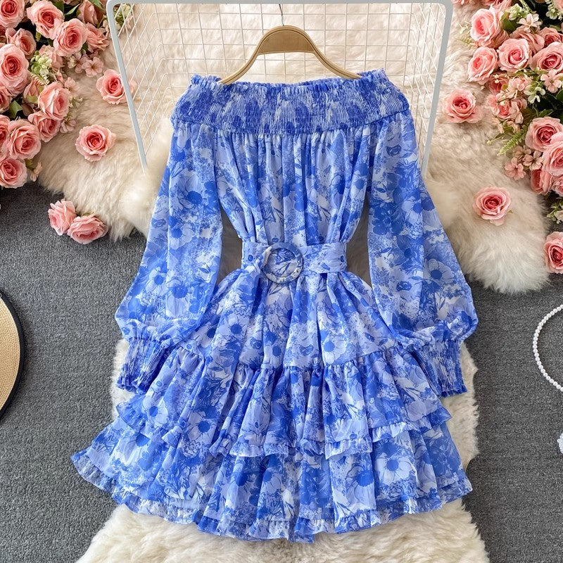 off-shoulder floral dress long-sleeved dress    S4292