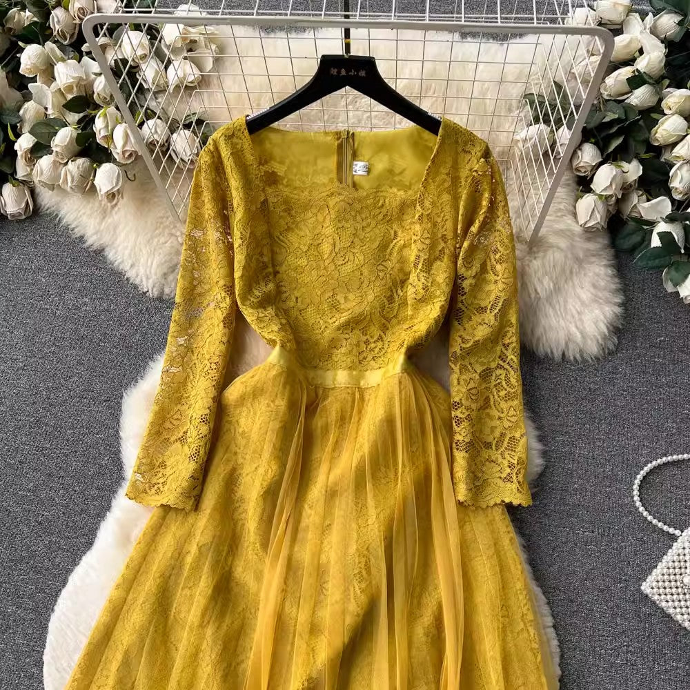 French retro lace dress for women long skirt      S4623