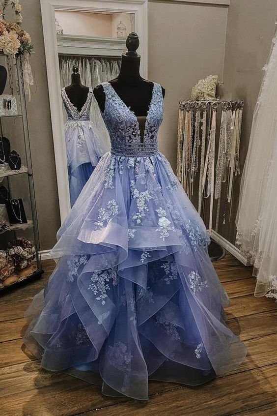 Blue Tulle Lace Applique Long Prom Dress Custom A Line Evening Gown        S3835