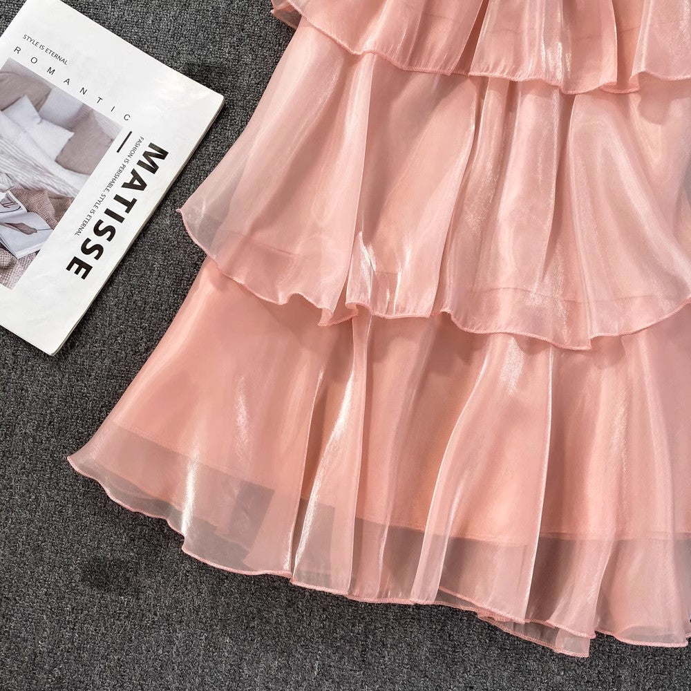 pink ruffled halterneck dress round neck a-line short skirt     S4418