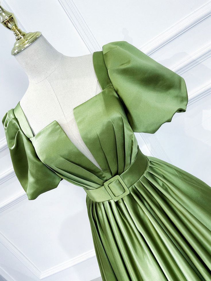 green satin long prom dress, green satin evening dress         S3541