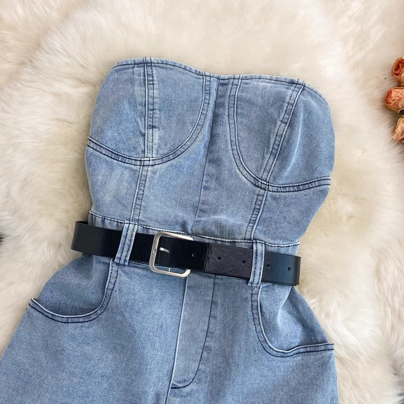 denim jumpsuit new women's casual leg pants shorts     S4247