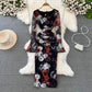 Fashionable long-sleeved square neck mid-length mesh printed dress      S4185