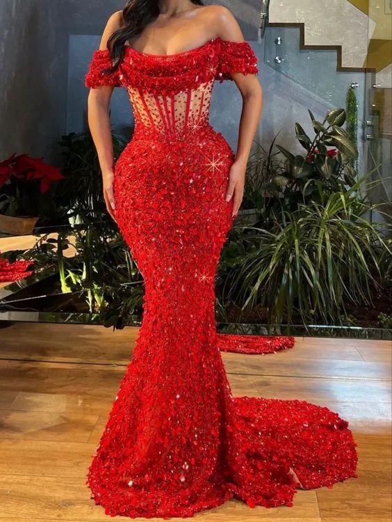 Red Mermaid Formal Evening Dresses Long Prom Dresses        S3810