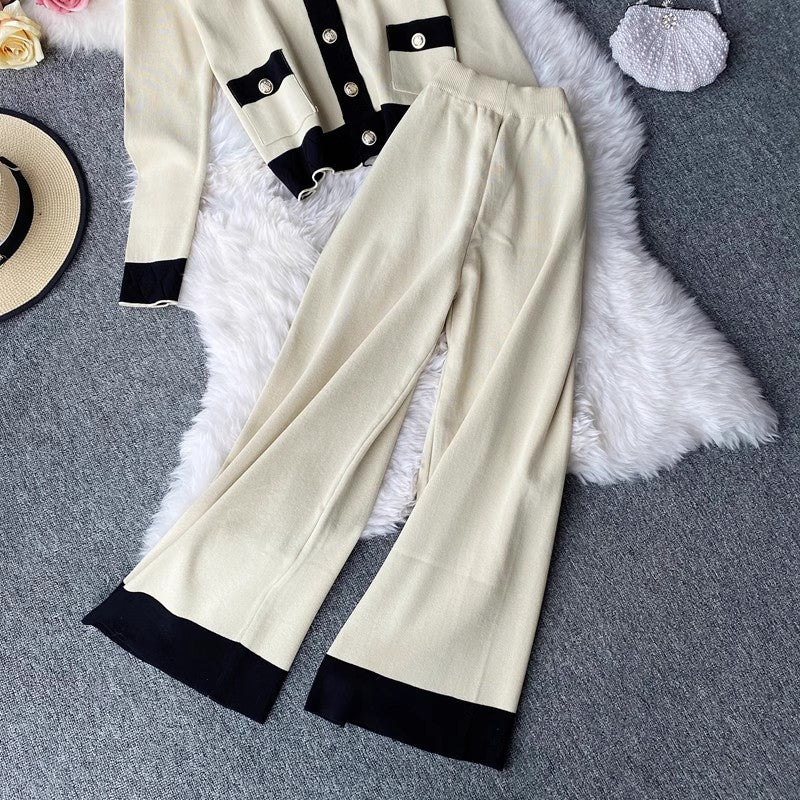 Knitted suit for women casual V-neck cardigan sweater casual leg trousers two-piece set       S4169