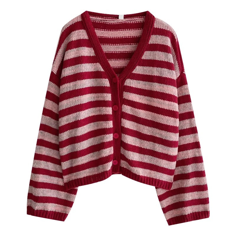 Sweet V-neck striped sweater coat long-sleeved knitted cardigan   S4769