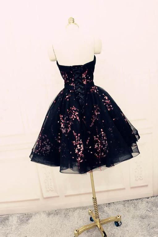 Black Cute Sweetheart Tulle Formal Dresses, Puffy Strapless Appliqued Homecoming Dress     S3298