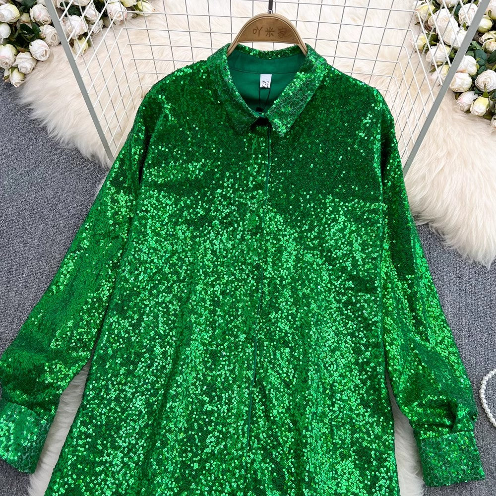 shiny sequined long-sleeved mid-length shirt dress fashionable a-line dress for women    S4207