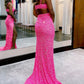 Charming Glitter Mermaid V Neck Hot Pink Sequins Prom Dresses with Slit    S2638