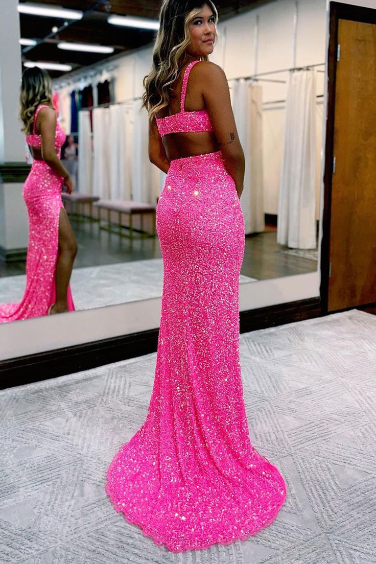 Charming Glitter Mermaid V Neck Hot Pink Sequins Prom Dresses with Slit    S2638